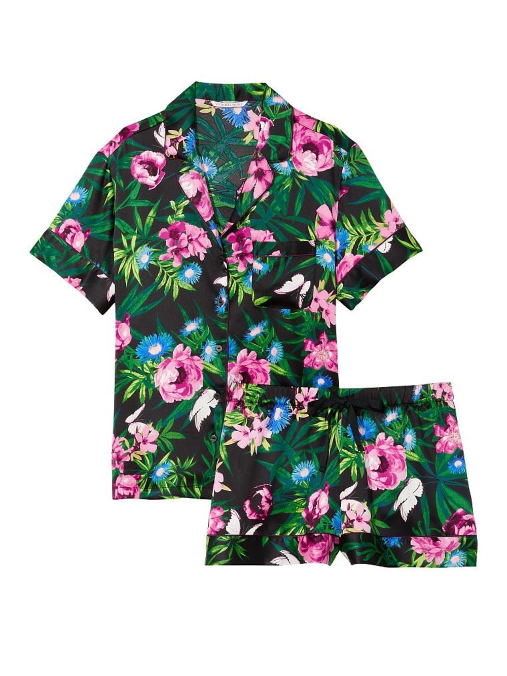 Victoria's Secret Black Floral Short Sleeve Pajama Set - Pink, Green & Blue